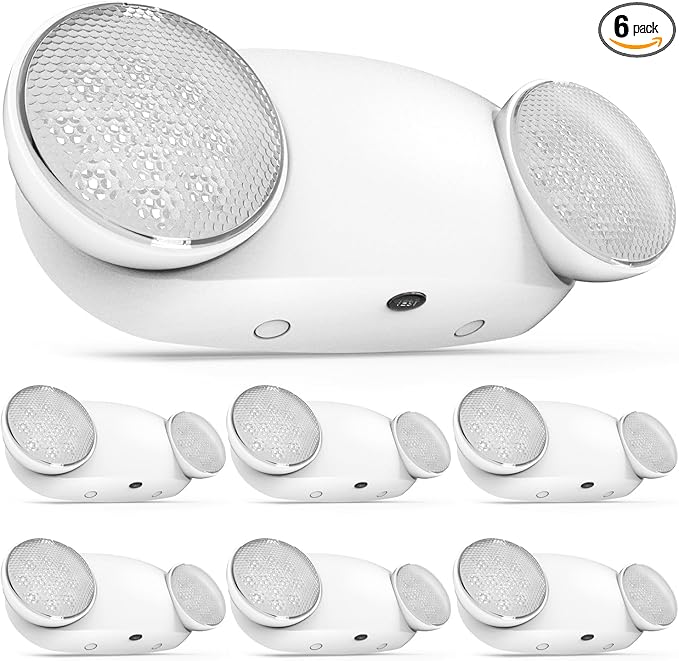 Sunco 6 Pack Emergency Light Outdoor LED, Backup Battery, Two Adjustable Bug Eye Head Lights, 94V-0 Fire Resistant, 6500K, 200 Lumens 120-277V, 2W, Wall Mount, White UL.