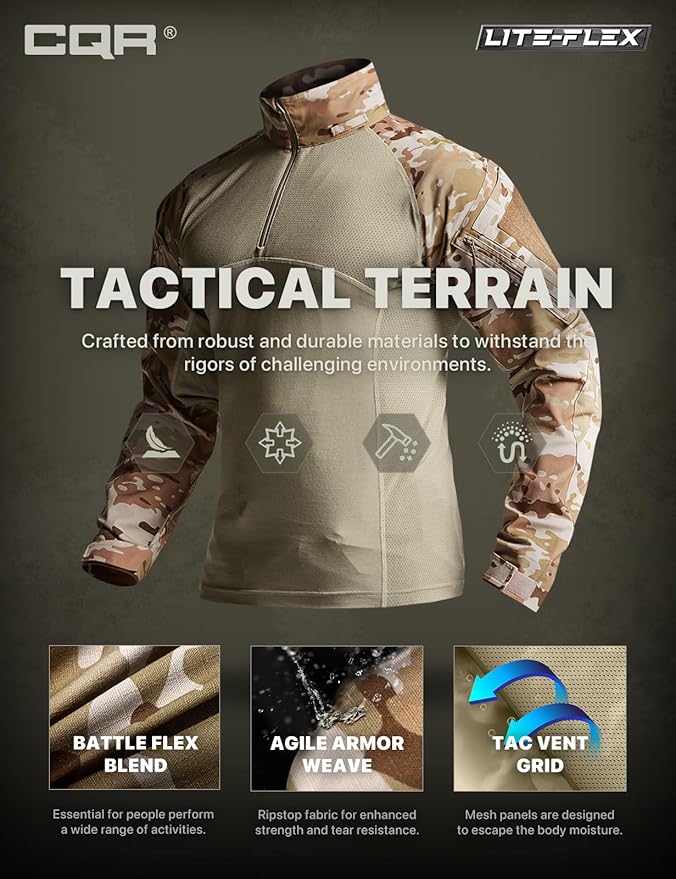 CQR Men's Combat Shirt Tactical 1/4 Zip Long Sleeve Military BDU Shirts Camo EDC Top with Pockets
