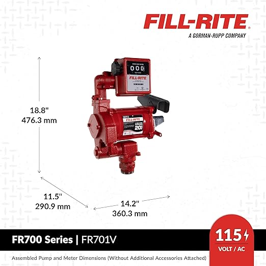 Fill-Rite FR701V 115V 20 GPM Fuel Transfer Pump With Standard Mechanical Meter Package, Gallons - For Gasoline, Diesel, Kerosene, Ethanol Blends, Methanol Blends & Biodiesel up to B20