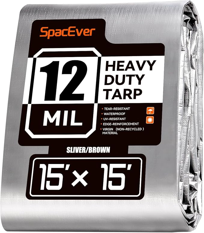 Tarp Heavy Duty 15x15 FT, 12 Mil Thick Large Tarps Water-Proof with Grommets, UV& Tear Resistant, Plastic Cover for Pool Roof Tent Outdoor Firewood, Silver& Brown
