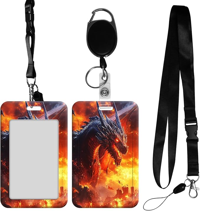 ID Badge Holder with Retractable Lanyard for Women & Men,Vertical ID Card Holder Wallet,Clear Window&Card Slot,Detachable Neck Strap for Nurse Teacher Office,Dragon Fire Ruins