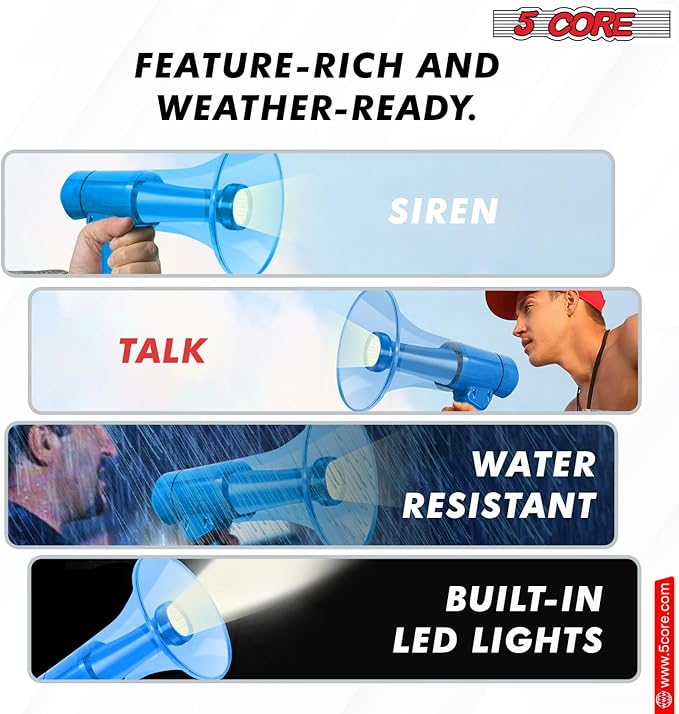 5 CORE Megaphone 50W Waterproof Bull Horn PA Speaker w 800 Yards Range Flashlight Loud Siren Voice Amplifier Lightweight Portable Megafono for Outdoor Sports Cheerleading and Coaches - HW 18 WP