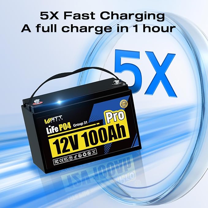Wattcycle 12V 100Ah LiFePO4 Battery 4 Pack, Lithium Battery 12V 110A BMS, Lithium RV Batteries 15000+ Deep Cycles, Built-in Bluetooth, Monitor, Mobile APP, Perfect for Home Energy, RV, Marine, Solar