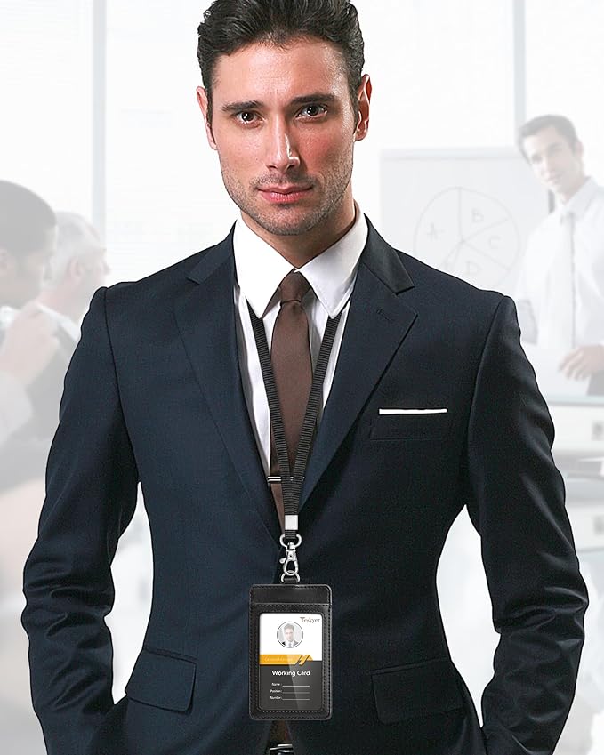 Teskyer Leather ID Badge Holder with Lanyard for Work School IDs, Cruise Ship Cards, Hotel Key Card, All Kinds of Pass Cards - Black