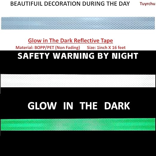 Glow in The Dark Reflective Tape Outdoor Waterproof 1 inch Wide, High Visibility Warning Safety Industrial Marking Tape (16 feet)
