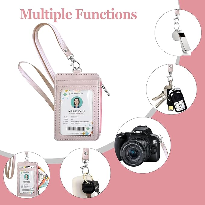 bolimoss 2-in-1 ID Badge Holder & Lanyard Wallet Women Girl Leather Vertical ID Badge Card Holder with Detachable Neck Lanyard, 1 Clear ID Window, 4 Credit Card Slots, 1 Cash Coin Slot Light Pink