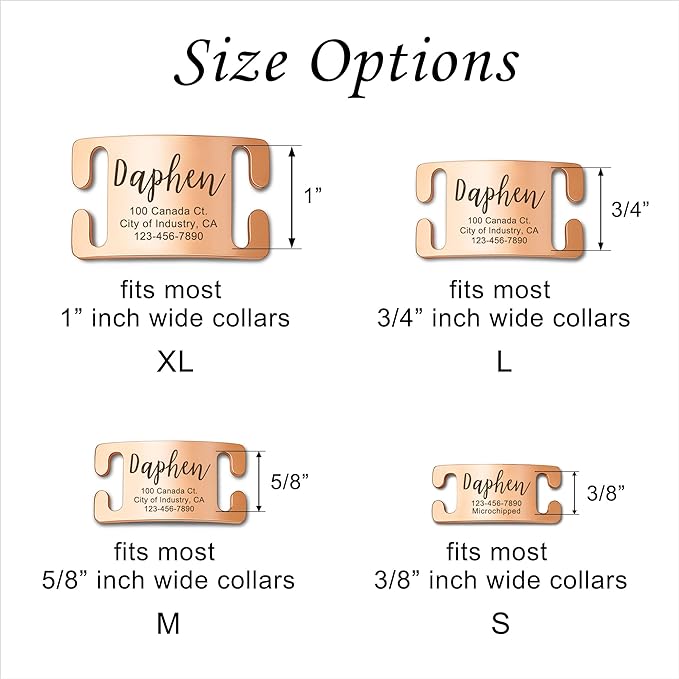 Anavia Slide On Silent Pet ID Tags, S/M/L/XL Personalized Gold Black Stainless Steel Customized Engraved Cat Dog Name Tags, Glossy Finish Chew-Proof Quiet Dog Collar Tag (Large, Rose Gold)