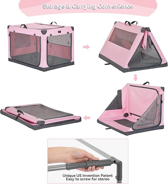 PETSFIT Collapsible Dog Crate, with Patented Adjustable Fabric Cover, Chewproof & Lockable Mesh Doors, Waterproof Base Portable Kennel Pink 36 Inch
