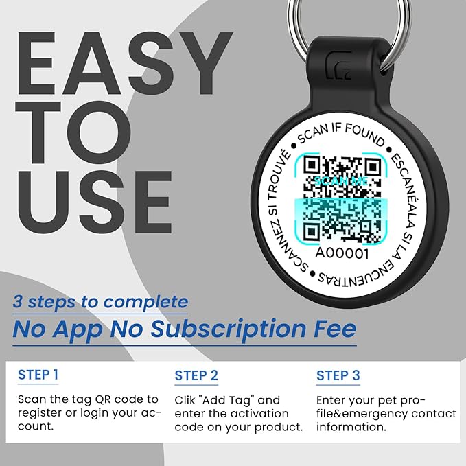 Silicone Dog Tags Personalized for Pets with QR Code, Emergency Contact Info, Anti-Lost, Scan Location Alerts(Black-L)