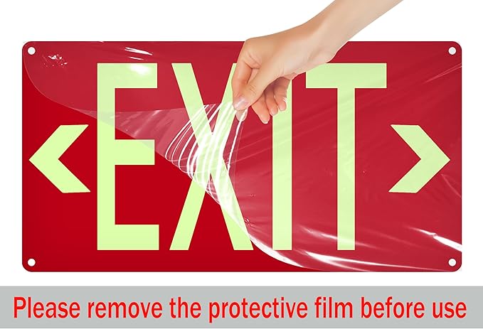 (3 Pack) Photoluminescent Exit Sign Red - with Removable Directional Arrows, With strong self adhesive tape, 14.25 x 7.5 Inches Heavy Duty Aluminum Signs, Fade Resistant