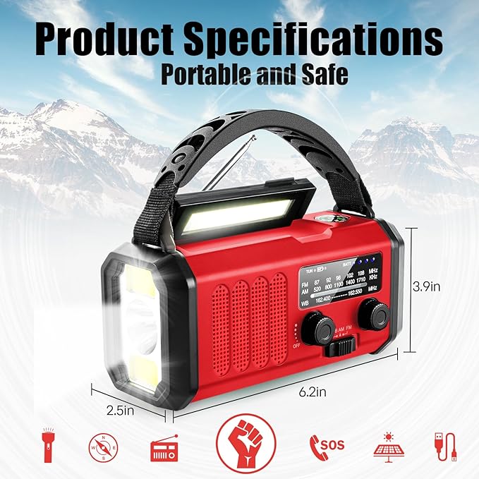 10000mAh Emergency Crank Radio, NOAA/AM/FM Weather Radio, Type-C Charge,Solar Charging,SOS, 3 Modes LED Torch, Reading Lamp, Compass for Outdoor Survival (Red)