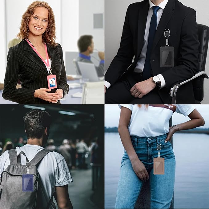 Life-Mate Badge Holder - Leather ID Card Holder Wallet Case with 3 Cards Slot and Neck Lanyard/Strap. Additional Retractable Badge Reel with Belt Clip (Black, Linen Finish)