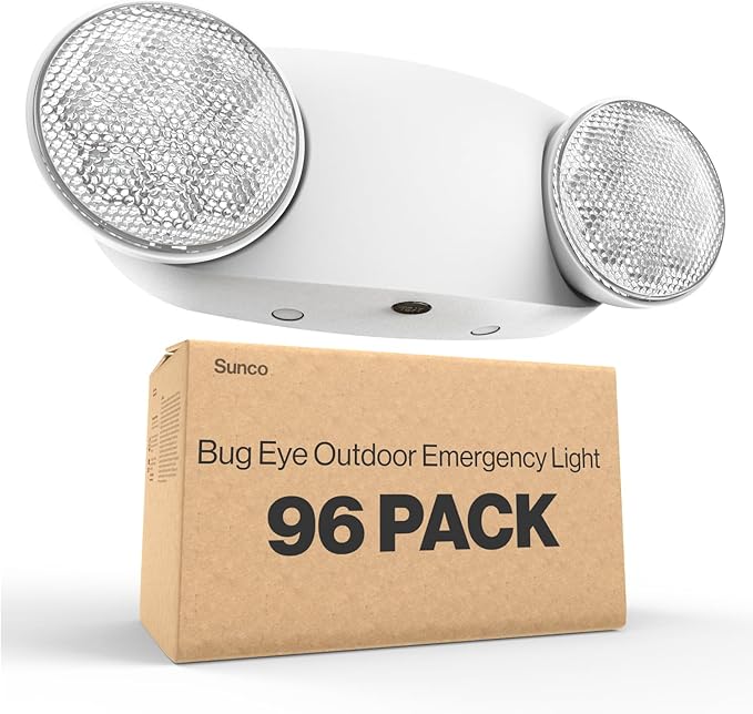 Sunco 96 Pack Emergency Light Outdoor LED, Backup Battery, Two Adjustable Bug Eye Head Lights, 94V-0 Fire Resistant, 6500K, 200 Lumens 120-277V, 2W, Wall Mount, White UL
