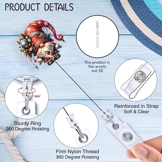 Christmas Gnome Badge Holder Christmas Badge Reel Gnome Holly Nurse Badge Holder with Alligator Clip Cute Cartoon Xmas Badge Reels Retractable ID Name Badge Clips for Nurse Teacher Office Decoration