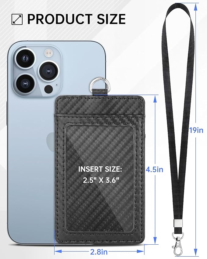 Teskyer Badge Holder with Lanyard, Leather ID Name Badge Card Holder with Lanyard for ID Badges, Vertical, Carbon Fiber Black