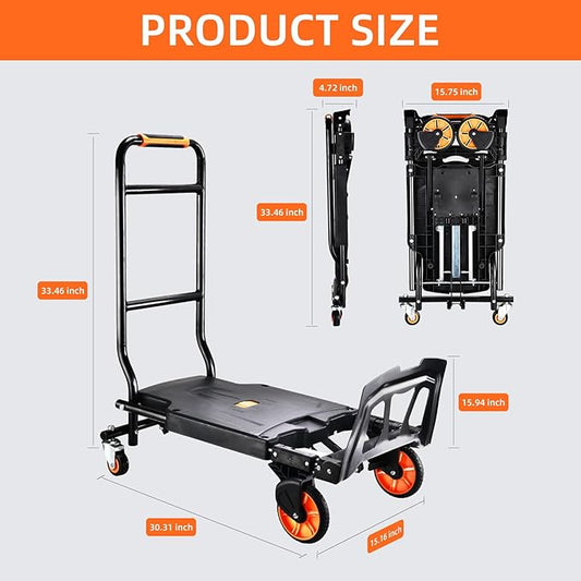 Folding Hand Truck，500lbs Capacity Heavy Duty Carrying Hand Cart，Ironton Steel Hand Truck with 4 Rotate Wheels，for Luggage, Moving, Shopping, Office,Travel Use(Orange)