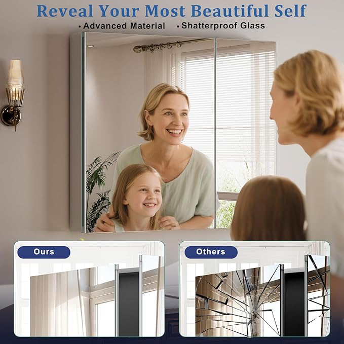 Bathroom Medicine Cabinet with Mirror, 40 Inch x 26 Inch Bathroom Mirror Cabinet with Double Door & Adjustable Shelves, Surface Mount or Recess Installation