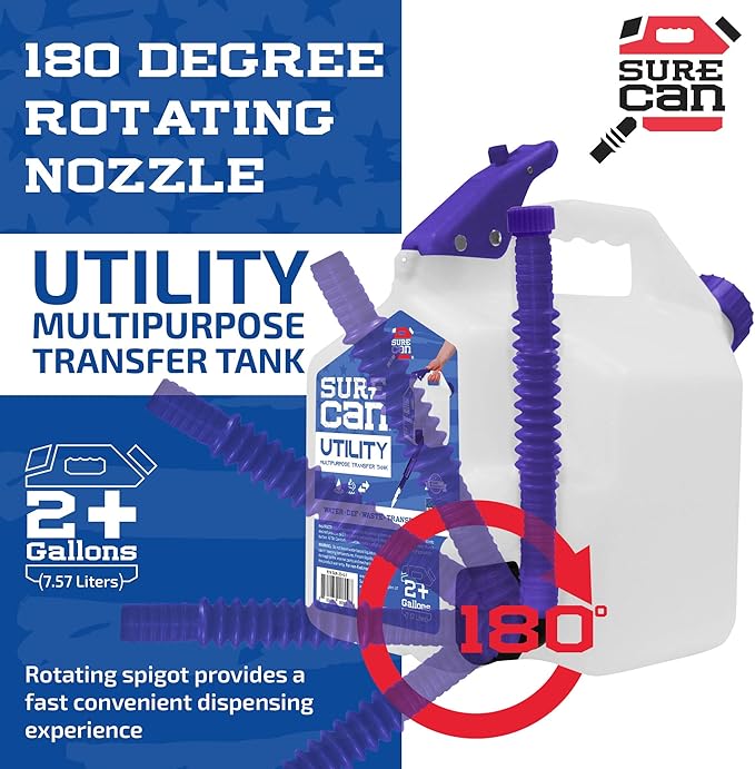 Surecan 2 Gallon Utility Container Transfer Tank - Versatile, Durable, Compact Outdoor Water Storage Tank and Beverage Dispenser (White, SUR-20-U-1)