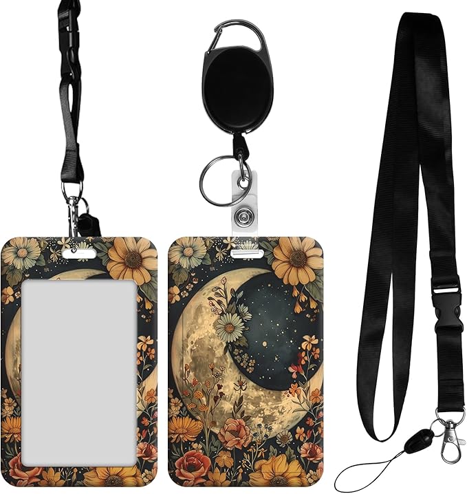 ID Badge Holder with Retractable Lanyard for Women & Men,Vertical ID Card Holder Wallet,Clear Window&Card Slot,Detachable Neck Strap for Nurse Teacher Office,Floral Moon