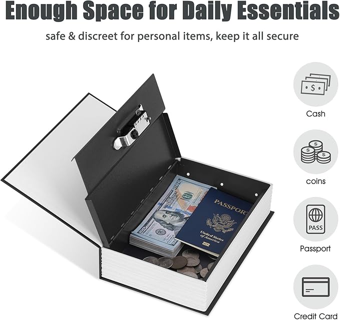 KYODOLED Diversion Book Safe with Combination Lock, Secret Hidden Metal Lock Box,Money Hiding Collection Box,9.5" x 6.2" x 2 .2" Black Large