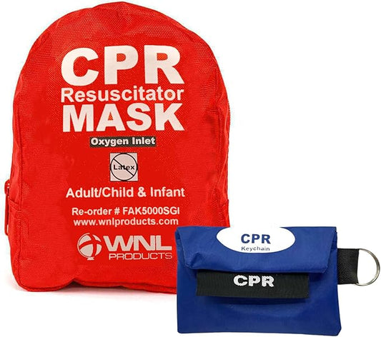 WNL Products FAK5000SGI-BUNDLE Adult/Child & Infant CPR Rescue Mask Kit with CPR Keychain - Soft Case CPR Set with One-Way Valve, Gloves, Antiseptic Wipe, and Face Shield Keychain Barrier - Bundle