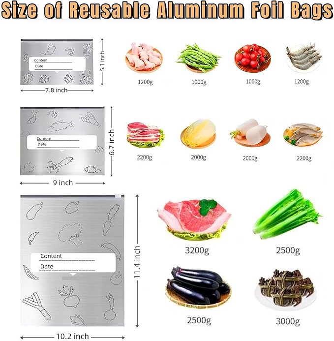 Reusable Aluminum Foil Sealable Storage Bags, 30PCS Freezer Vacuum Pouches with Label & Zipper, Leakproof Stand-Up Bags for Meat, Seafood, Vegetables, Meal Prep