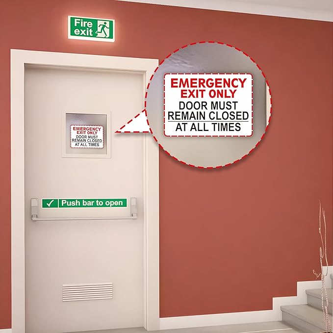 Emergency Exit Only Signs Sticker，Self Adhesive UV, Weather, Scratch, Water & Fade Resistant Door Must Remain Closed At All Times sign for Business, Schools, Offices, Storage Rooms, Hospitals