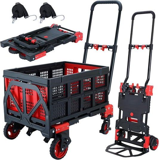 2 in 1 Folding Hand Truck Dolly with Basket,330LBS Capacity Hand Cart Foldable,Hand Truck Foldable with Retractable Handle,Folding Dolly Cart with Wheels for Moving
