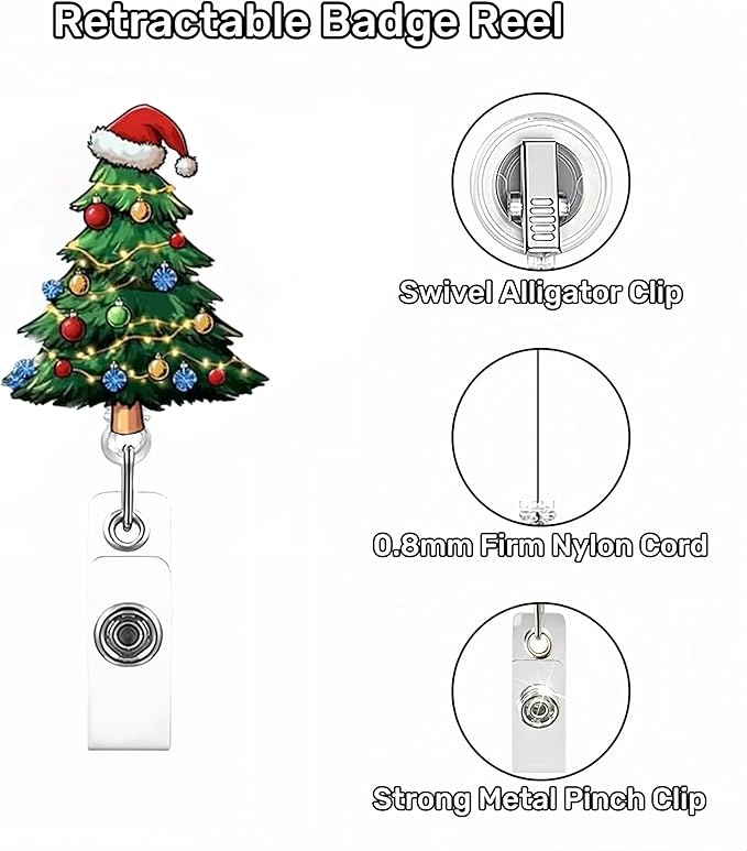Christmas Tree Badge Holder Christmas Badge Reel Xmas Tree Badge Reels with Light String Hat Design Retractable ID Name Badge Alligator Clip for Nurse Student Teacher Office Decoration Party Favors