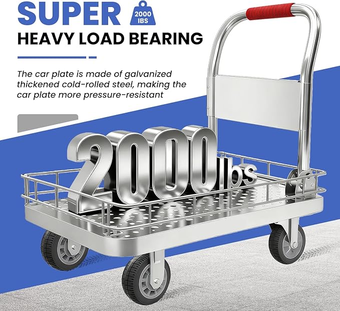 Heavy Duty Platform Truck with 6-Inch Brake Silent Wheels, Foldable Push Cart with Detachable Steel Wire Fence, Flat Hand Trucks for Gardens, Warehouses, Workshops (35.4 * 23.6 * 33.9in)
