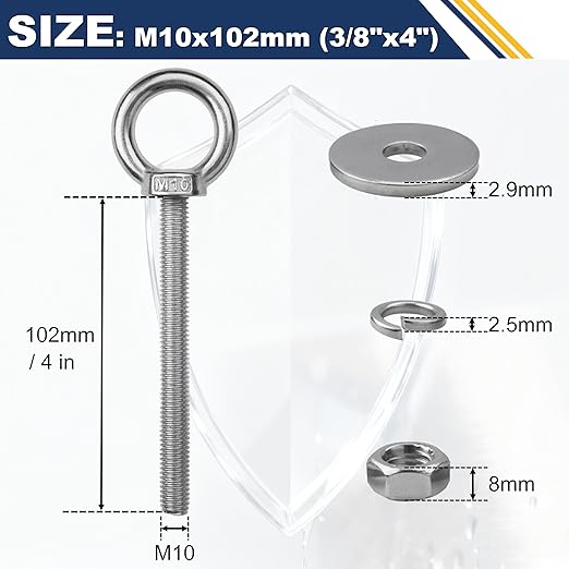 12 Pack M10 Stainless Steel Eye Bolts with Nuts, 3/8" x 4" Long Lifting Ring Eye Bolt， Eye Bolts Heavy Duty for Hang Tie Down Outdoor (12, M10x102mm (3/8"x4"))