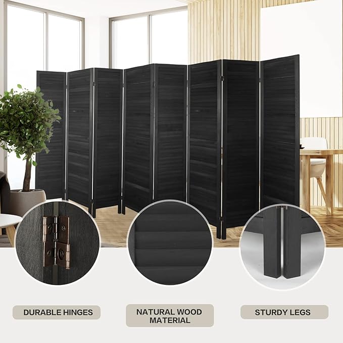ECOMEX 8 Louver Wood Room Divider 5.6ft.Tall Folding Privacy Screen Panels, Room Divider Wall, Divider for Room Separation, Partition Room dividers and Effectively Block Sight(Black)