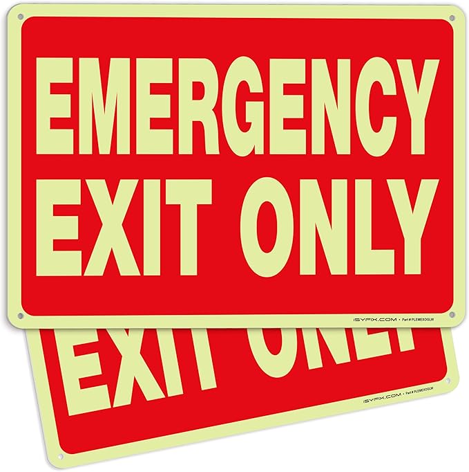 iSYFIX Emergency Exit Only Glow in the Dark Sign – 2 Pack 10x7 Inch – 40 mil Thick Polystyrene Plastic Sign, Laminated UV, Scratch & Fade Resistance, Waterproof, Indoor & Outdoor