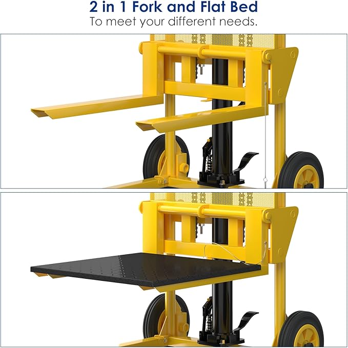 Hydraulic Material Lift,550lbs Lift Dolly,Upgraded Baffle Pallet Lift,37.4” Max Lift with Front Universal Wheels and 9" Polyurethane Wheels, 18.5" Fork Length, Hand Forklift, Steel Platform x 1