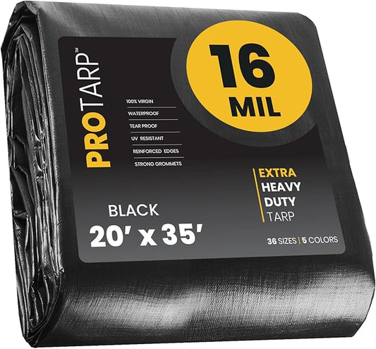 PROTARP Extra Heavy Duty 16 Mil Tarp Cover, Waterproof, UV Resistant, Rip and Tear Proof, Poly Tarpaulin with Reinforced Edges for Roof, Camping, Patio, Pool, Boat. (Black 20′ X 35′)