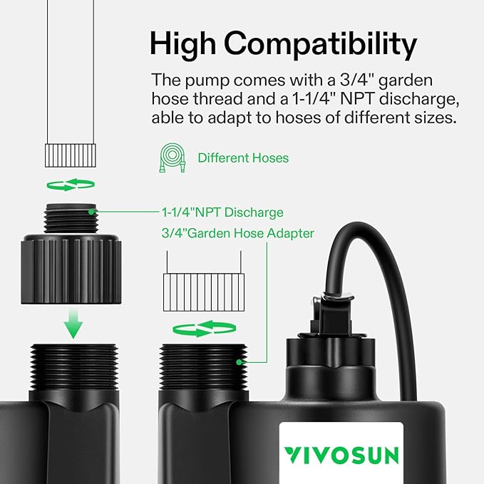 VIVOSUN Submersible Water Pump, 1/4HP 1620GPH Utility Pump, Thermoplastic Sump Pump with 10ft Cable, Compact and Portable, Ideal for Ponds, Basements, Swimming Pools, Hot Tubs Draining