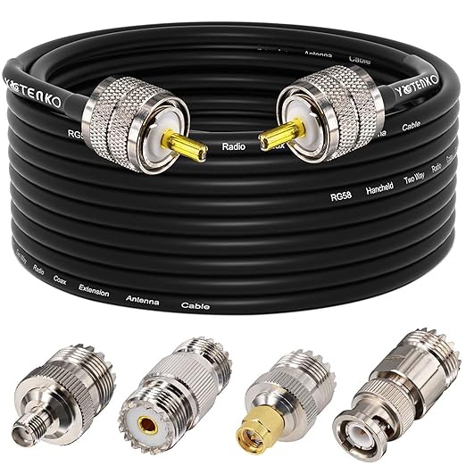 Ham Radio Coax Cable 50 Ohm, RG58 Coaxial Cable 40FT, PL259 Male to Male Coax + UHF SO239 Female to SMA/UHF/BNC Adapter 4-Pack,for CB,Amateur,Ham Radio