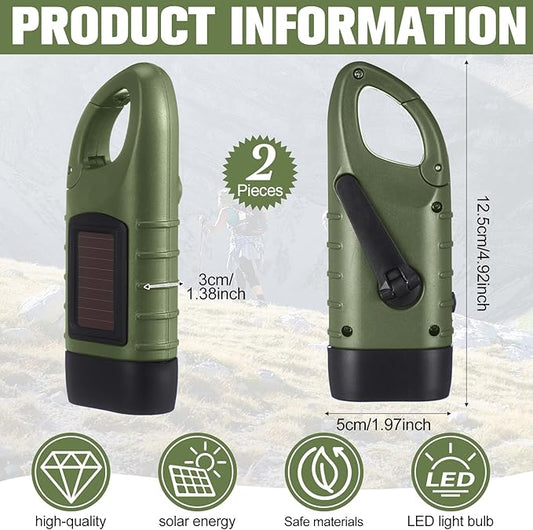 Leelosp 2 Pieces Hand Crank Flashlight Solar Powered Flashlight for Emergencies Dynamo Rechargeable LED Survival Light for Outdoor Sports Hiking Camping (Army Green)