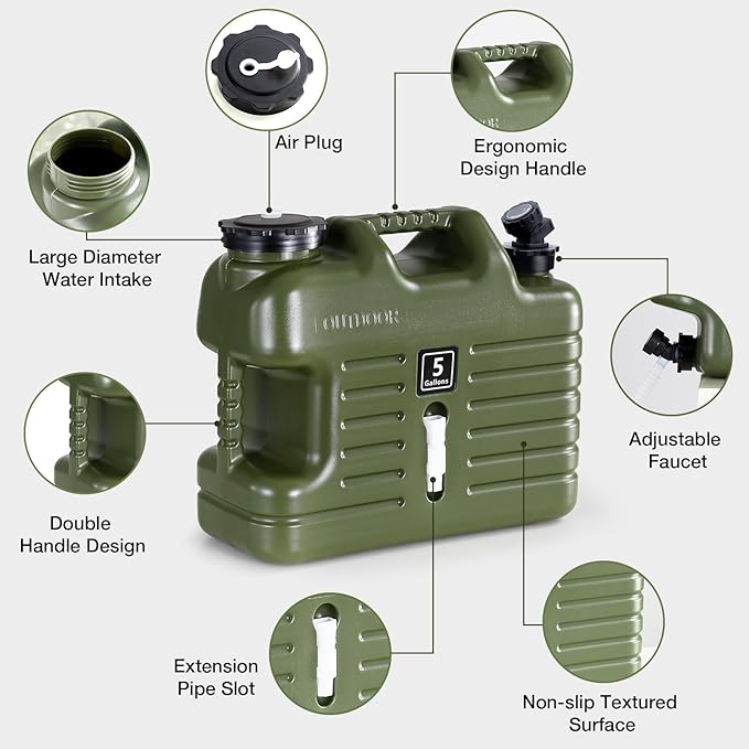 5 Gallon Water Jug, Camping Water Container BPA Free Water Storage with Spigot No Leakage Portable Emergency Water Tank for Outdoor Hiking Camping Picnic Supplies Green