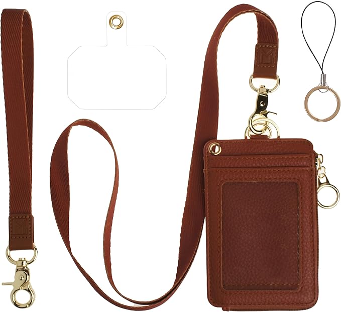 2-in-1 ID Badge Holder & Lanyard Wallet - Multi-Use Womens Small Wallet with Removable Wristlet & Neck Lanyard, Clear Window, 5 Card Slots, Phone Holder, Ring Keychain - Brown
