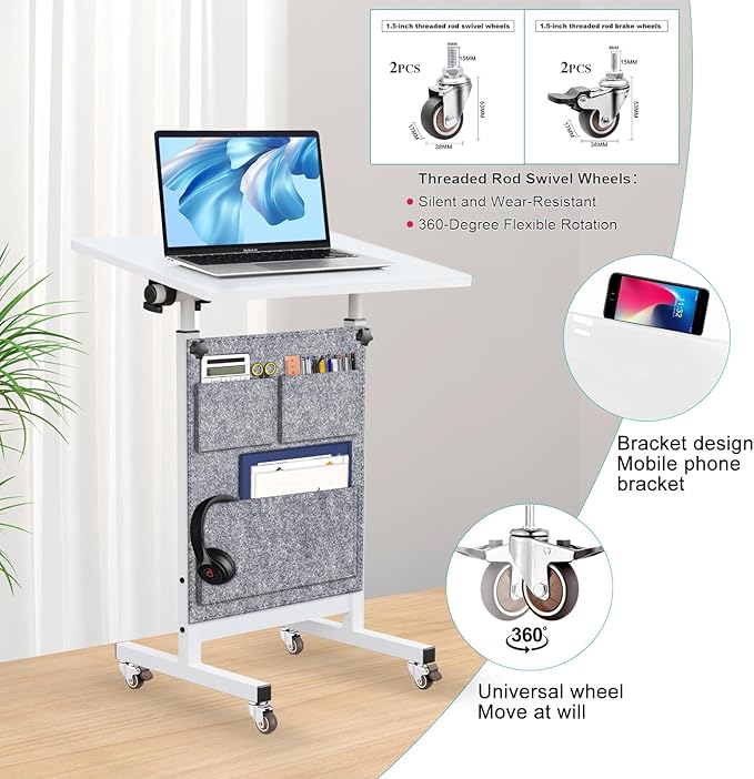 KOUPA Adjustable Height Standing Desk, Writable Tempered Glass Desktop with Eraser, 360° Flip, Wheels and Bag– Ideal for Small Spaces and Home Offices, 24 in, White(Adjustable Height: 32-47 in)