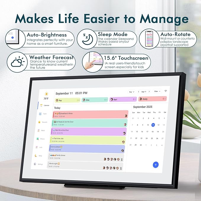 Digital Calendar 15.6 Inch Electronic Wall Calendar and Chore Chart 1920 * 1080P IPS Touchscreen Wall Smart Weekly and Monthly Planner for Family Meal Planning Gift for Women