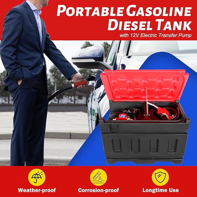 Portable Gasoline Diesel Fuel Transfer Tank with Pump, 10GPM Flow Rate, 48 Gallon Portable Fuel Tank with 12V DC Electric Fuel Transfer Pump for Gasoline Diesel Dual Fuel Capability