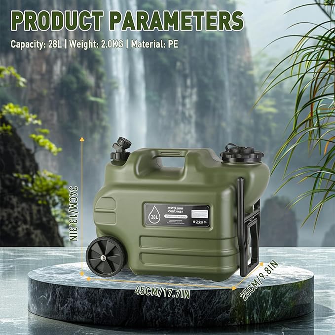 7.4 Gallon Water Jug,Camping Water Container with Wheel、Pull Rod,BPA-Free with Spigot Cleaning,Brush Military Green Tank Portable,Suitable for Outdoor Camping and Hiking