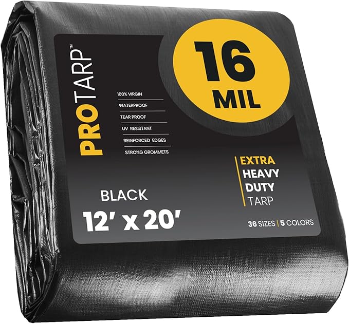 PROTARP Extra Heavy Duty 16 Mil Tarp Cover, Waterproof, UV Resistant, Rip and Tear Proof, Poly Tarpaulin with Reinforced Edges for Roof, Camping, Patio, Pool, Boat. (Black 12′ X 20′)