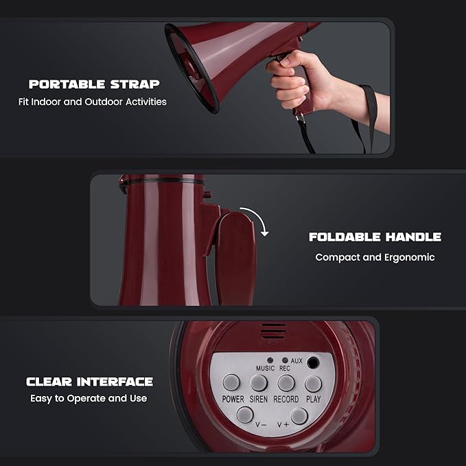 MyMealivos 20W Megaphone Bullhorn-5.4"×8.6" Portable Megaphone Built in Siren & 240s Recording, Volume Control Cover Up to 300 feet+ for Indoor and Outdoor Activities(Coffee)