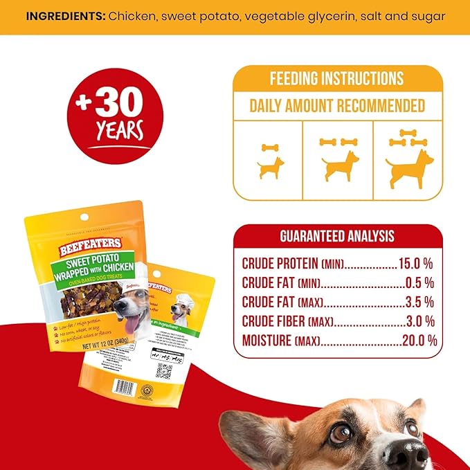 Beefeaters Sweet Potato Wrap with Chicken – Dog Treat. No Corn, Wheat, Soy or Gluten, Low Fat, Whole Muscle Jerky, Ideal for Training & Snacks