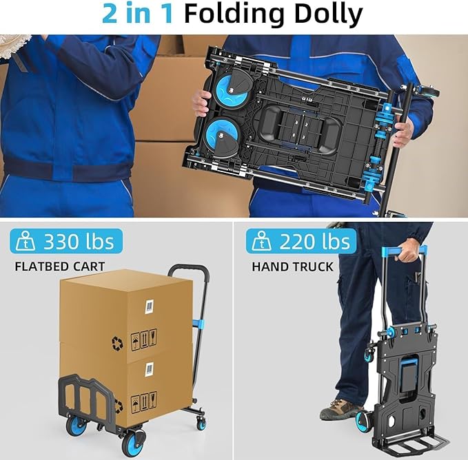 Folding Hand Truck, 330 lbs Max Capacity Portable Hand Cart, 2-in-1 Heavy Duty Foldable Dolly Cart with Adjustable Retractable Handle for Luggage, Moving, Shopping, Office,Travel Use