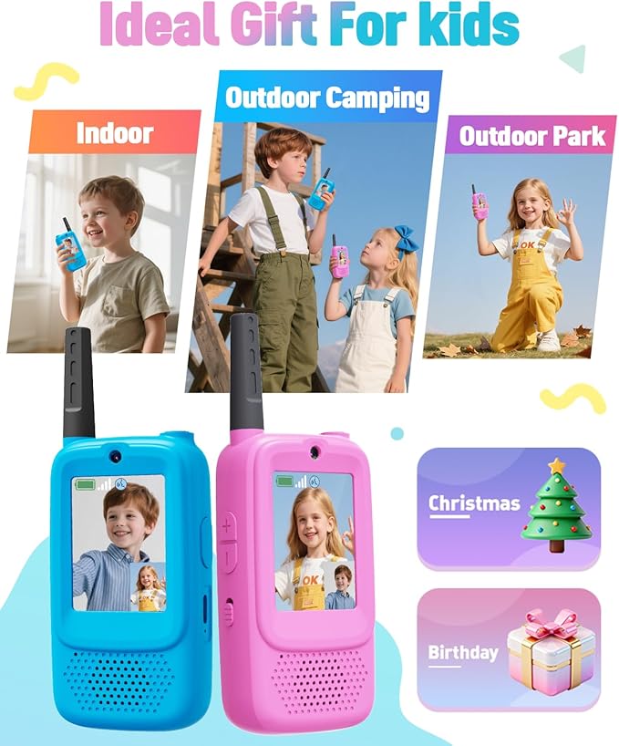 Video Walkie Talkies for Kids, 2-Pack Rechargeable Kids Walkie Talkies with HD Camera, Voice Changer & Long Range, Indoor Outdoor Toys for Hiking,Camping,Christmas Birthday Gifts for 3-12 Boys Girls