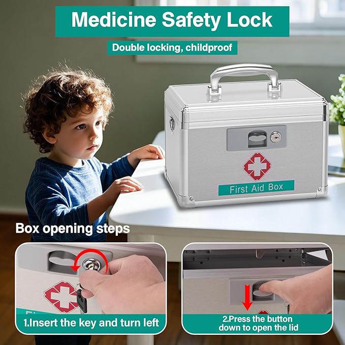 Medicine Storage Box with Key for Safe Medication - 13.4 x 7.6 x 8.2 Inches - Empty Lockable First Aid Box Organizer Container for Drugs for Home, Dorm, Office, Outdoor (Silver/Large)